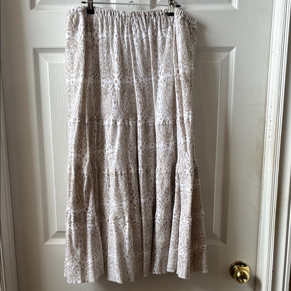 Denver Hayes Boho Tiered Cream and Brown Maxi Skirt
